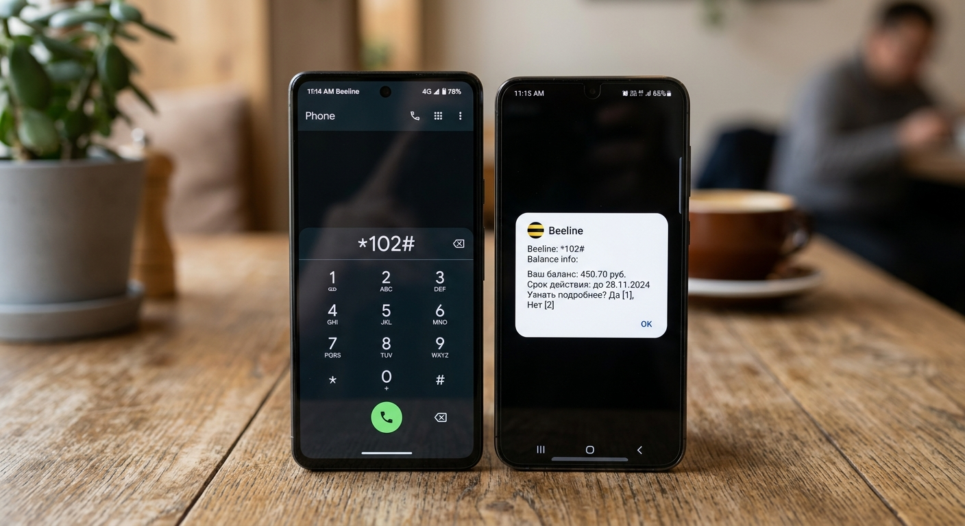 экраны смартфонов с набранной командой *102# и всплывающим сообщением об остатке средств
