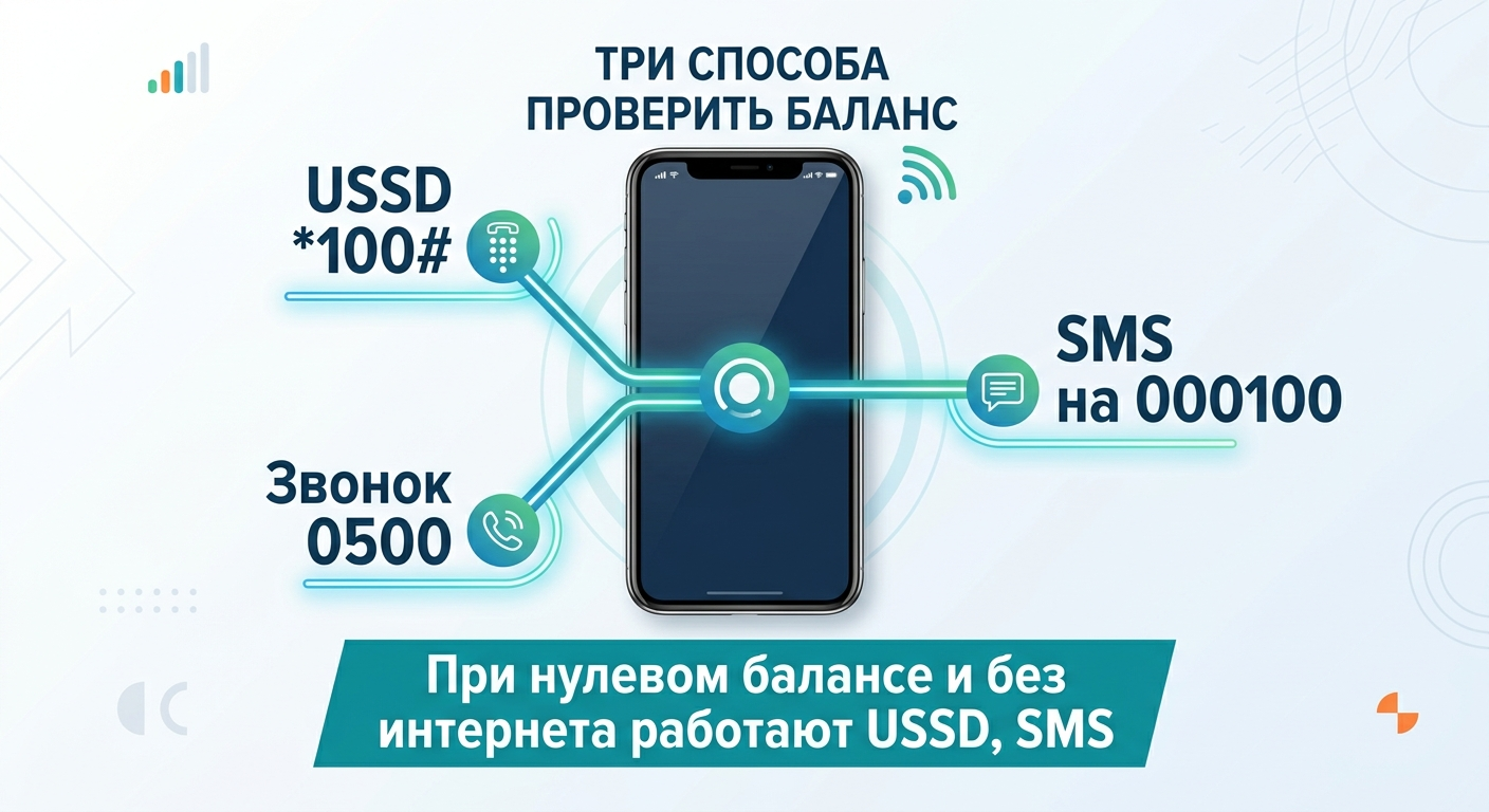схема с телефоном и тремя способами проверки баланса: USSD, SMS, звонок