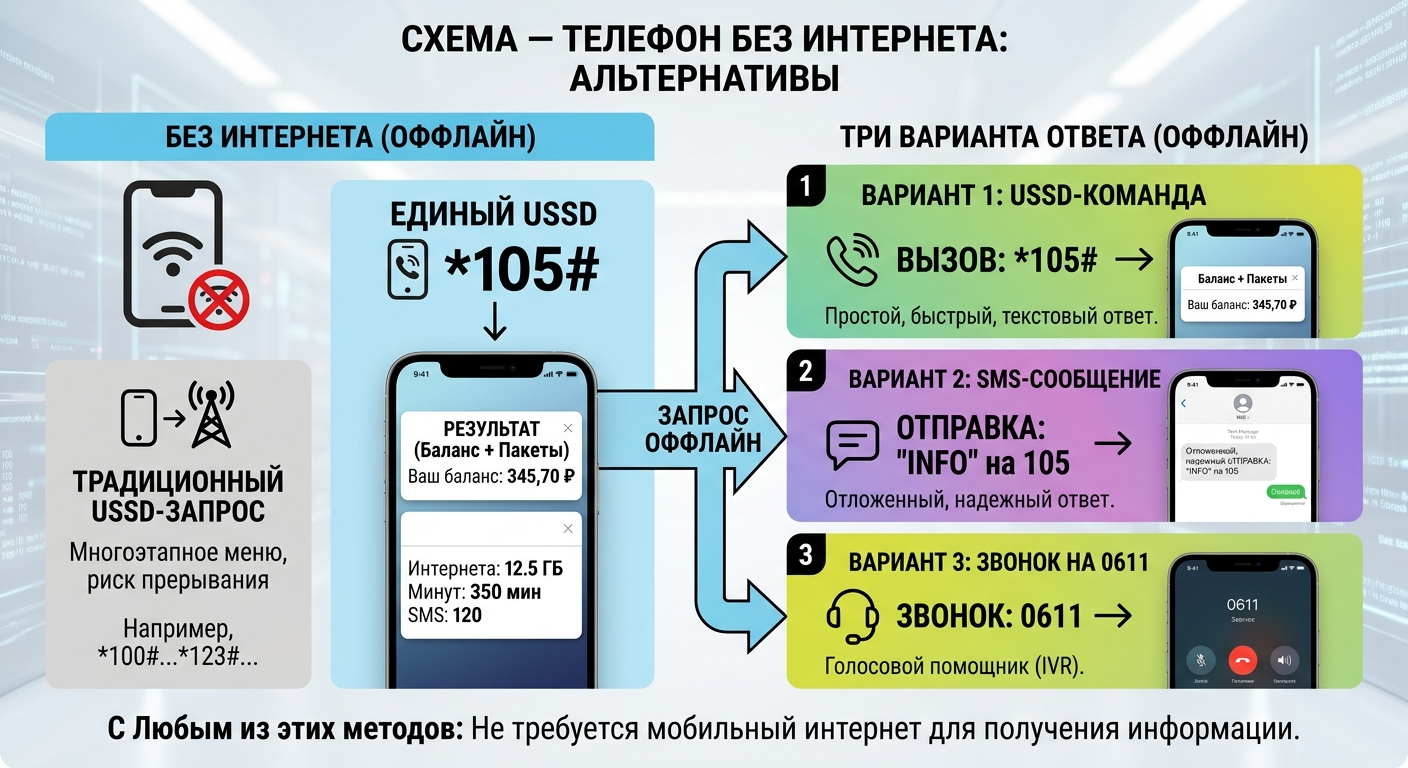 схема способов проверки баланса без интернета: команда, SMS и звонок