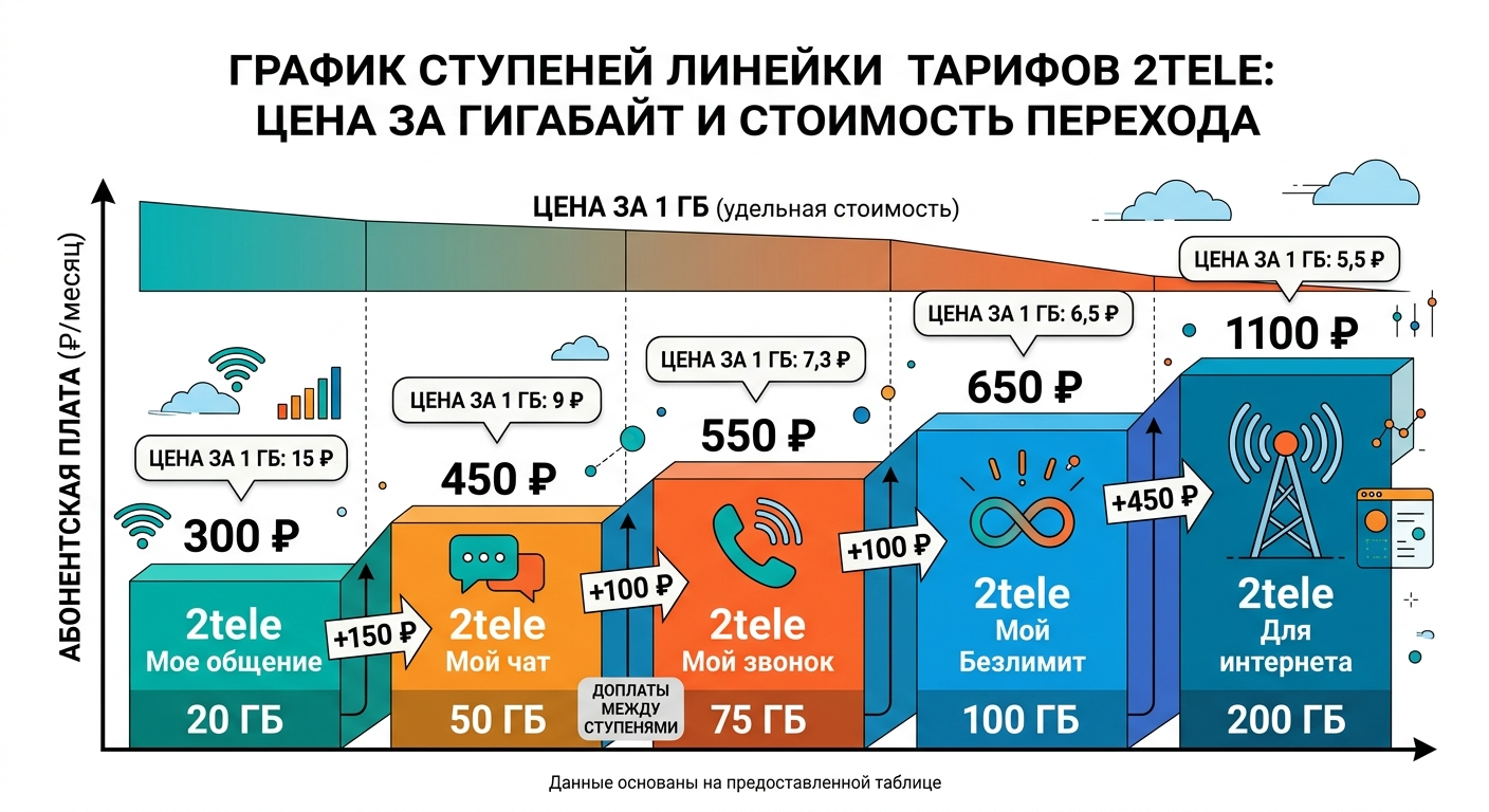 график зависимости цены гигабайта от объёма пакета в линейке 2tele