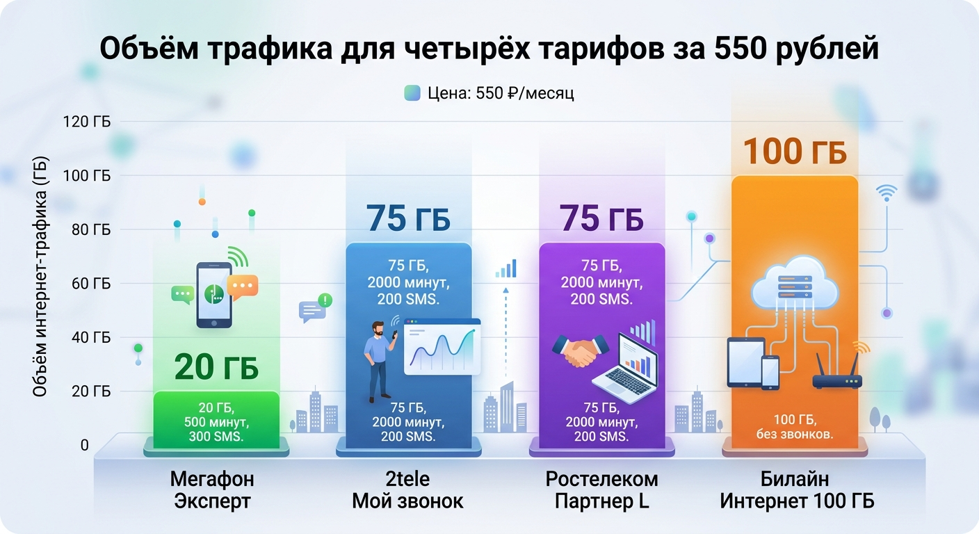 сравнение четырёх тарифов за 550 рублей по гигабайтам и минутам