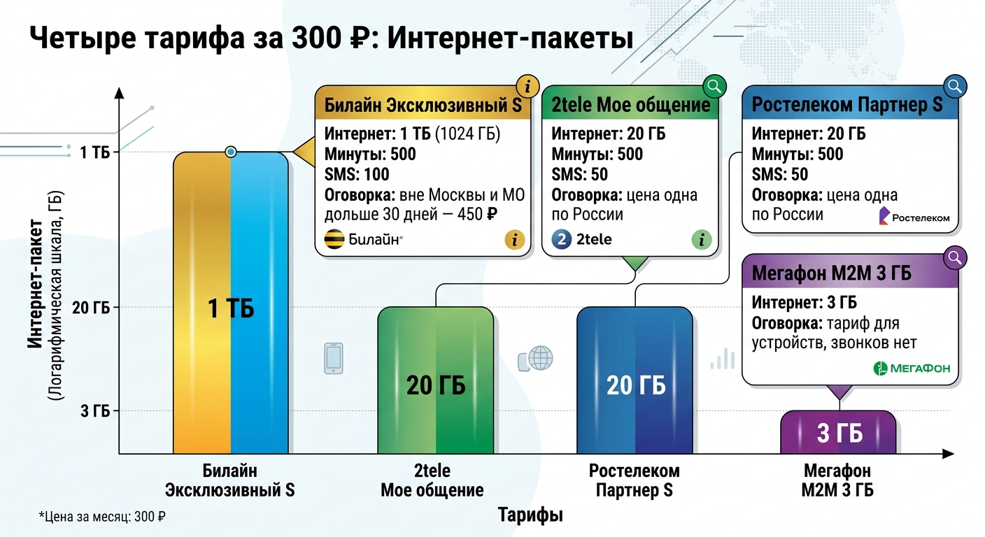 столбчатая диаграмма с четырьмя тарифами по 300 рублей и объёмом интернета от 3 ГБ до 1 ТБ